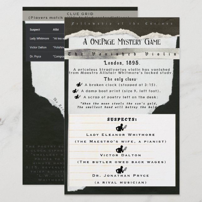 Fun Interactive Mystery Party Game Card (Front/Back)