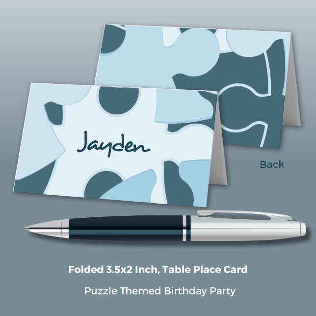 Fun Jigsaw Puzzle Blue Kids Birthday Party Place Card (Fun Jigsaw Puzzle Blue Kids Birthday Party Place Card, Folded, 3.5x2 Inch)