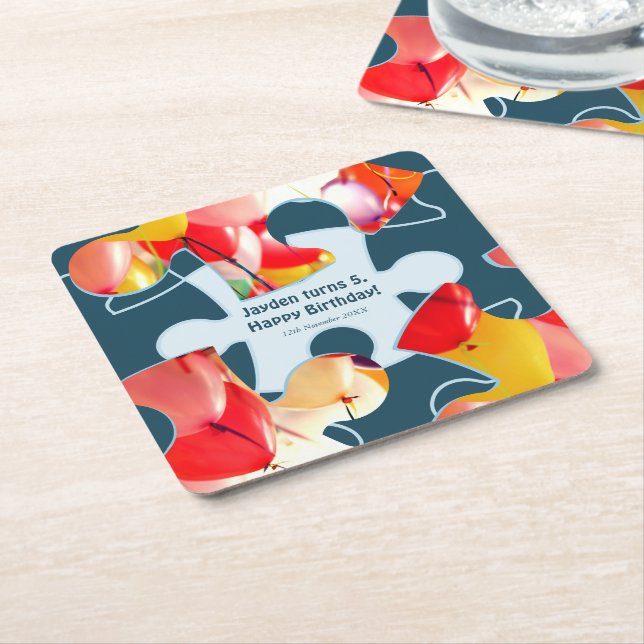 Fun Jigsaw Puzzle Kids Happy Birthday Name  Square Paper Coaster (Angled)