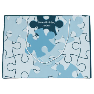 Fun Jigsaw Puzzle Pieces in Blue Happy Birthday Large Gift Bag
