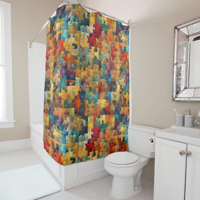 Fun, jigsaw puzzle shower curtain (In Situ)