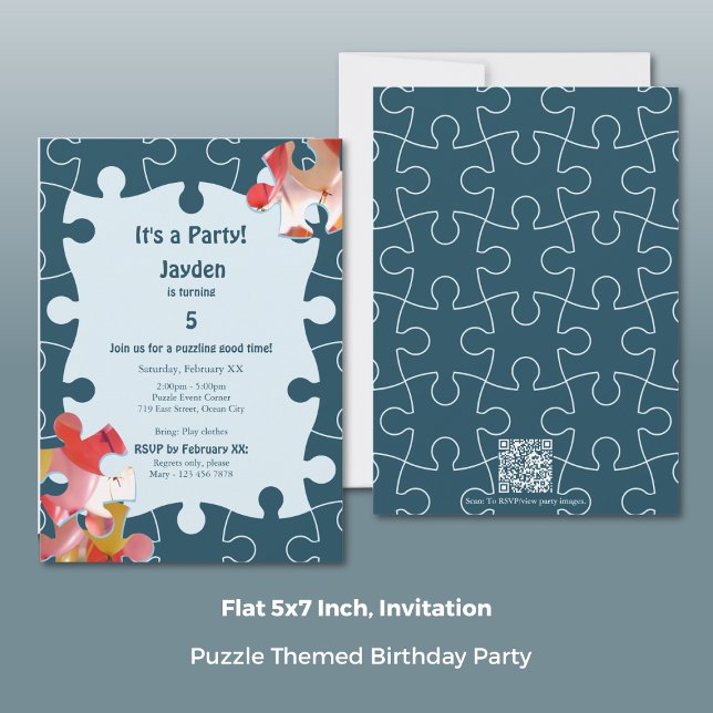 Fun Jigsaw Puzzle Themed 5th Birthday Party Invitation (Fun Jigsaw Puzzle Themed 5th Birthday Party Invitation, Portrait, Flat 5x7 Inch)