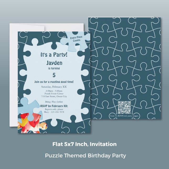 Fun Jigsaw Puzzle Themed 5th Birthday Party Invitation (Fun Jigsaw Puzzle Themed 5th Birthday Party Invitation, Portrait, Flat 5x7 Inch)