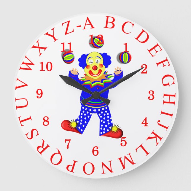 Fun Juggling Circus Clown Alphabet Picture Large Clock (Front)