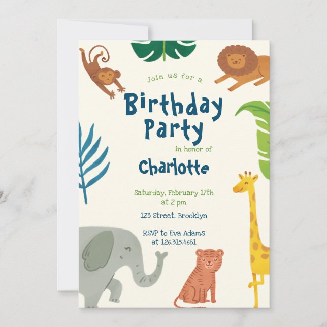 Fun Jungle Animals Birthday Invitation (Front)