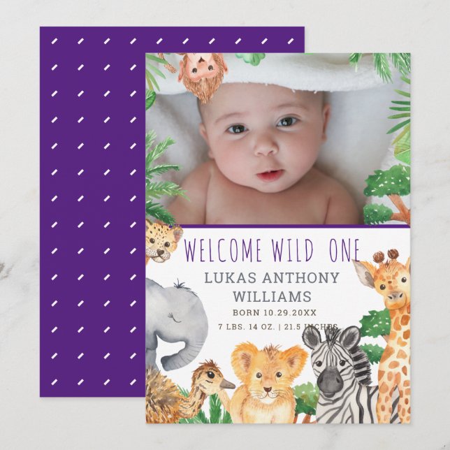 Fun Jungle Safari Animal Baby Birth Announcement   (Front/Back)