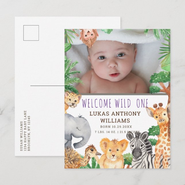 Fun Jungle Safari Animal Baby Birth Announcement   (Front/Back)