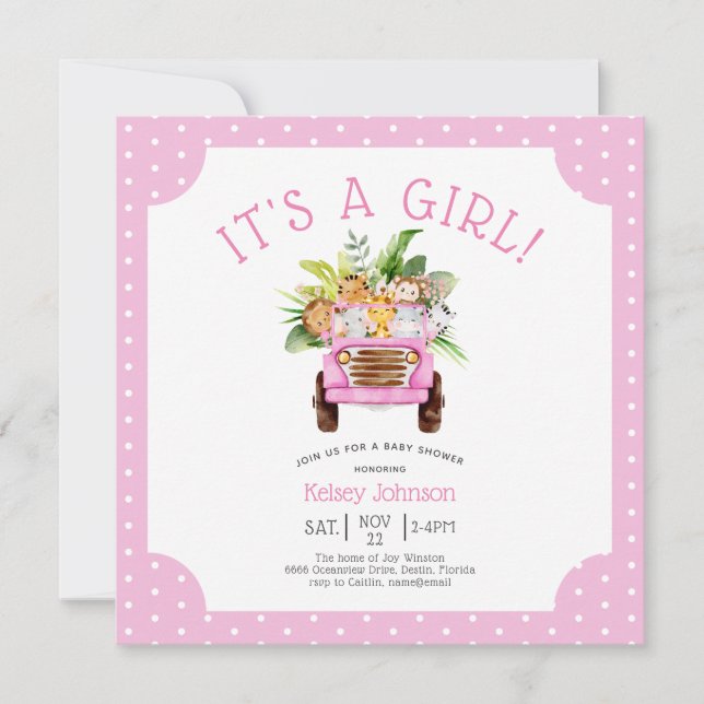 Fun Jungle Safari It's a Girl Pink Baby Shower Invitation (Front)