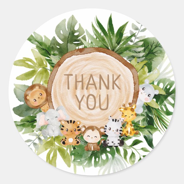 Fun Jungle Safari Woodland Animals Thank You Classic Round Sticker (Front)