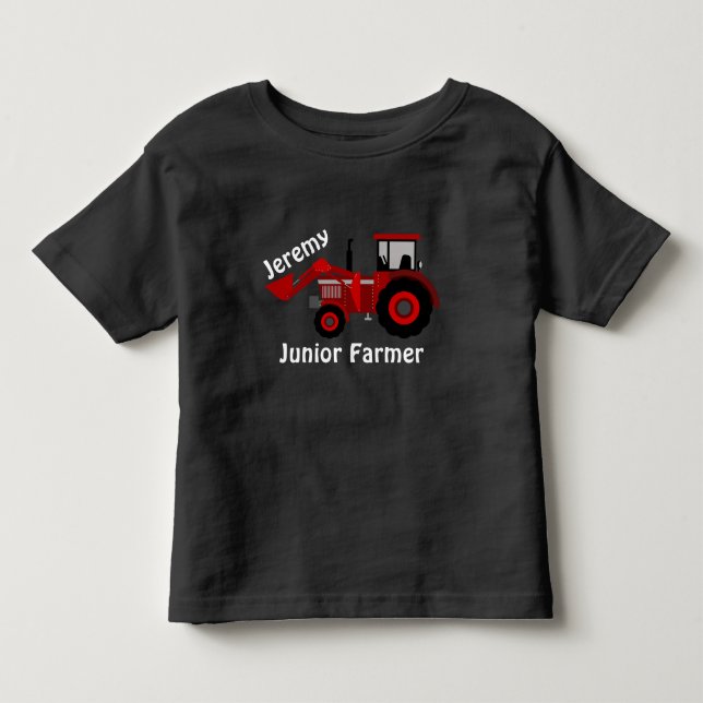 Fun "Junior Farmer" and "Name" Red Loader Tractor Toddler T-Shirt (Front)