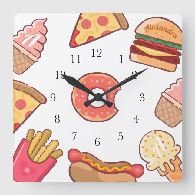 Fun Junk Food Cartoons Custom Name & Monogram Square Wall Clock (Front)