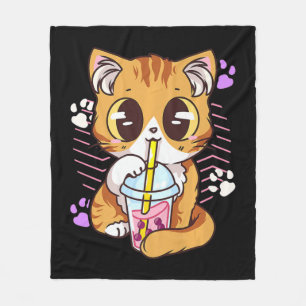 Fun Kawaii Cute Cat Boba Bubble Milk Tea Anime Nek Fleece Blanket