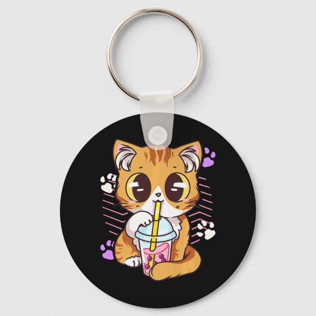 Fun Kawaii Cute Cat Boba Bubble Milk Tea Anime Nek Key Ring (Front)