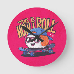 Fun Kawaii Sushi on skateboard Round Clock
