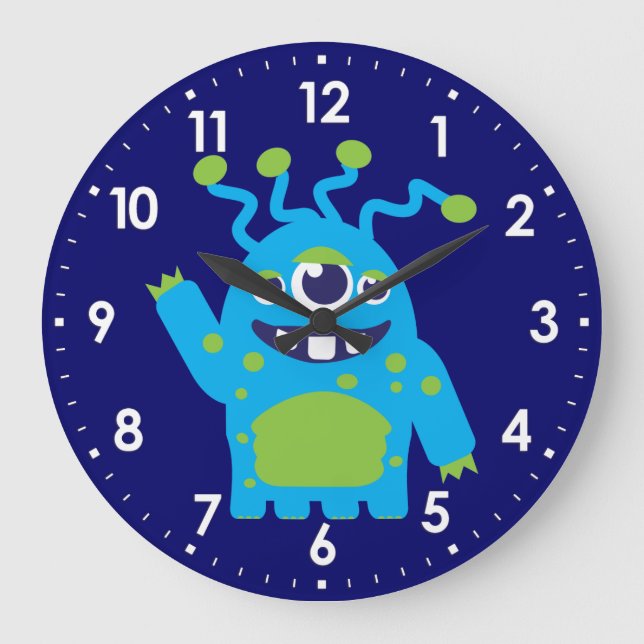 Fun kids alien blue, white green wall clock (Front)
