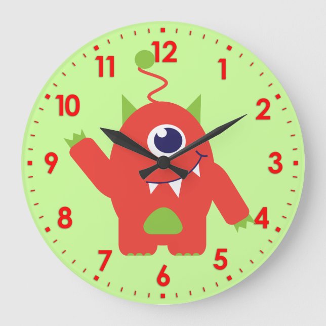 Fun kids alien orange and green wall clock (Front)