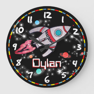 Fun kids boys rocket space black wall clock