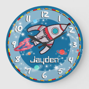 Fun kids boys rocket space blue aqua wall clock