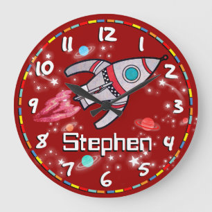 Fun kids boys rocket space dark red wall clock