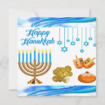 Fun kids Chanukah card coins dreidels menorah<br><div class="desc">This is a cute Chanukah card for kids with a menorah, gold coins and dreidels with happy colors on white. The back of card is  pretty soft blue.</div>