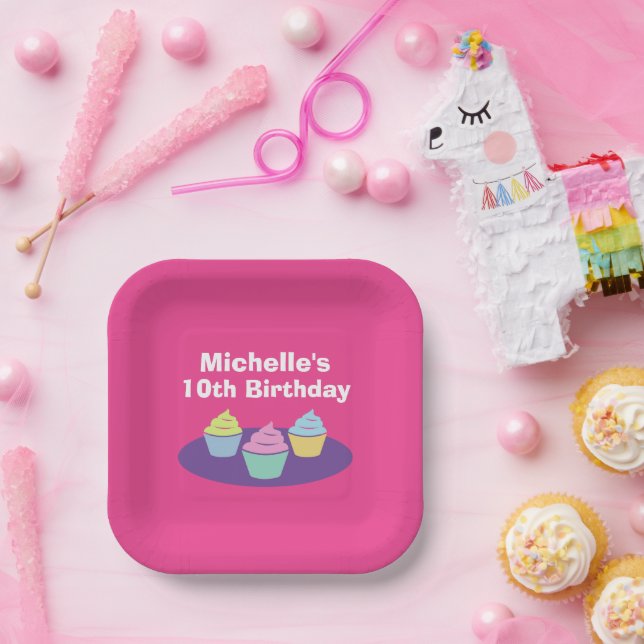 Fun kid's cupcake Birthday party custom pink Paper Plate (Party)