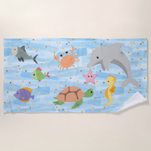 Fun kids cute sea animals dolphin turtle starfish beach towel