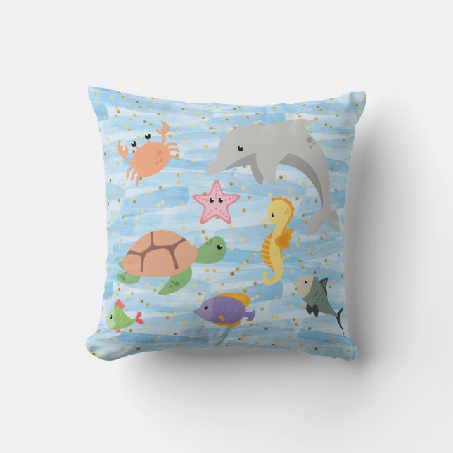 Fun kids cute sea animals dolphin turtle starfish cushion (Front)