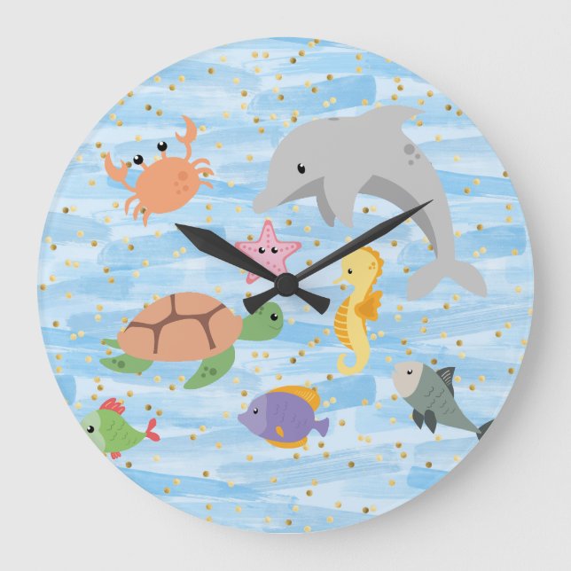 Fun kids cute sea animals dolphin turtle starfish large clock (Front)