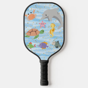 Fun kids cute sea animals dolphin turtle starfish pickleball paddle