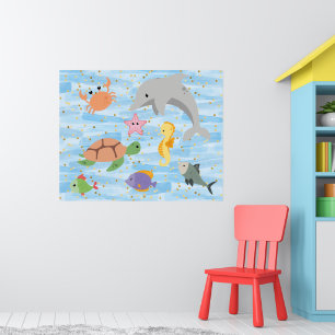 Fun kids cute sea animals dolphin turtle starfish poster