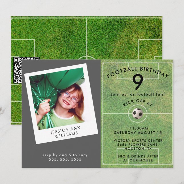 Fun Kids Football, Photo QR Code Birthday Party Invitation (Front/Back)
