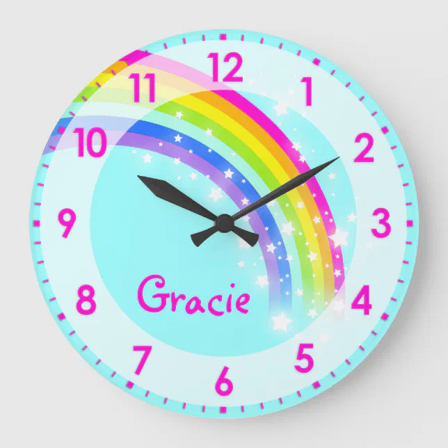 Fun kids girls rainbow name aqua pink wall clock | Zazzle