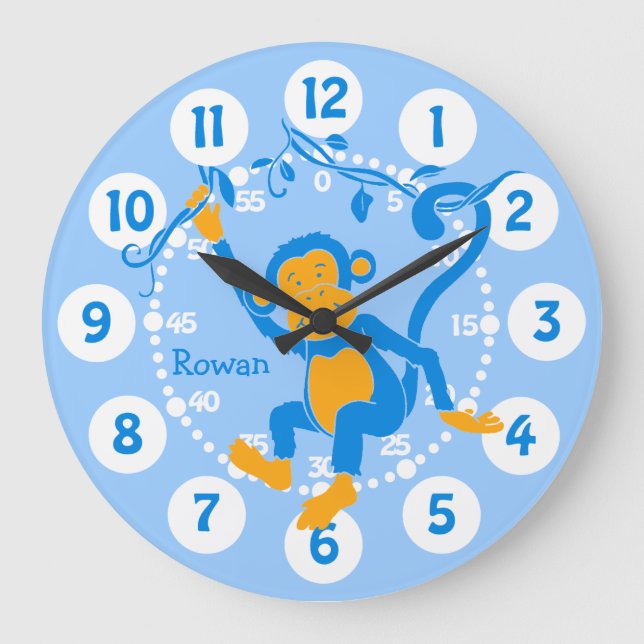 Fun kids name monkey blue & white wall clock (Front)