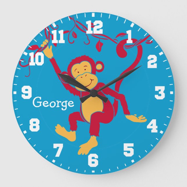 Fun kids name monkey red, blue & white wall clock (Front)