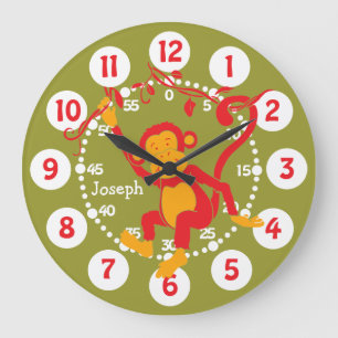 Fun kids name monkey red & green wall clock