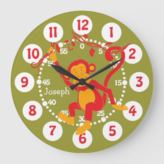 Fun kids name monkey red & green wall clock (Front)