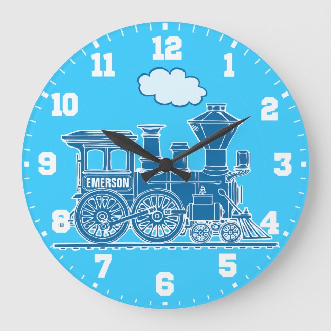 Fun kids name train blue and white wall clock (Front)