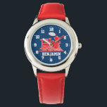 Fun kids named red blue train wrist watch<br><div class="desc">Graphic art kids watch featuring a graphic red steam train on a dark blue background with white clock numbers. Customise with your name currently reads Benjamin.</div>