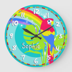 Fun kids rainbow macaw parrot name aqua wall clock