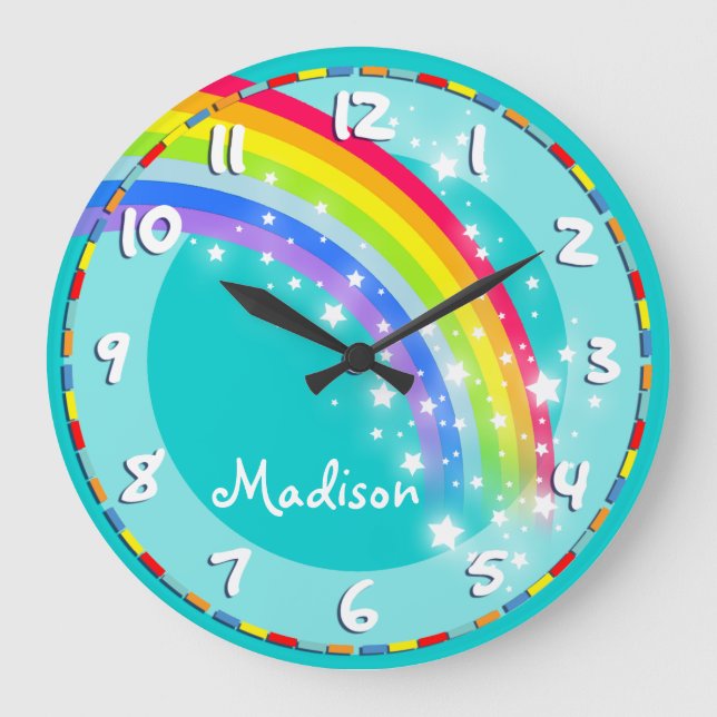 Fun kids rainbow name aqua wall clock (Front)