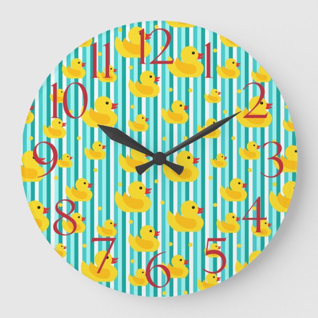 Fun Kids Rubber Ducks on Blue Stripes Bathroom Large Clock (Front)