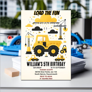 fun kids Simple construction trucks 5th birthday Invitation
