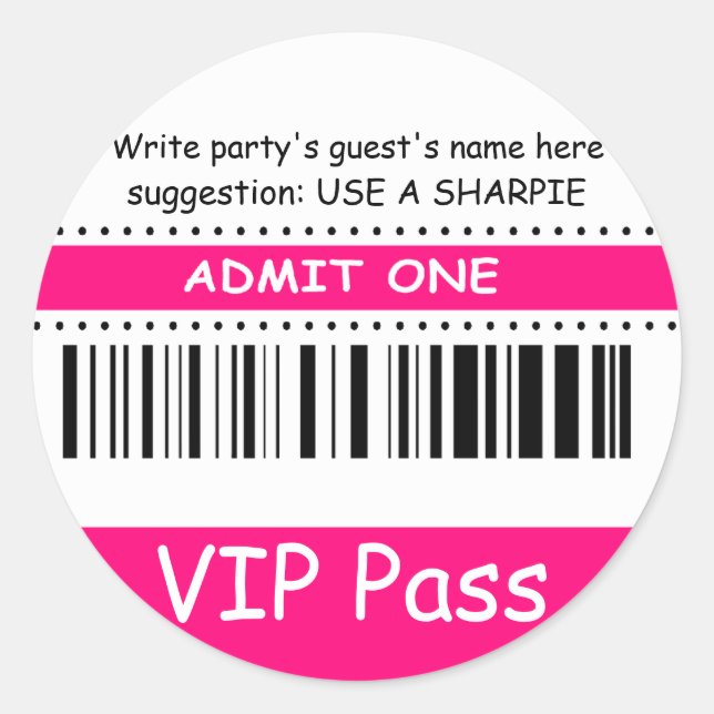 Fun Kids VIP Pass Admit One Birthday Party fuschia Classic Round Sticker (Front)