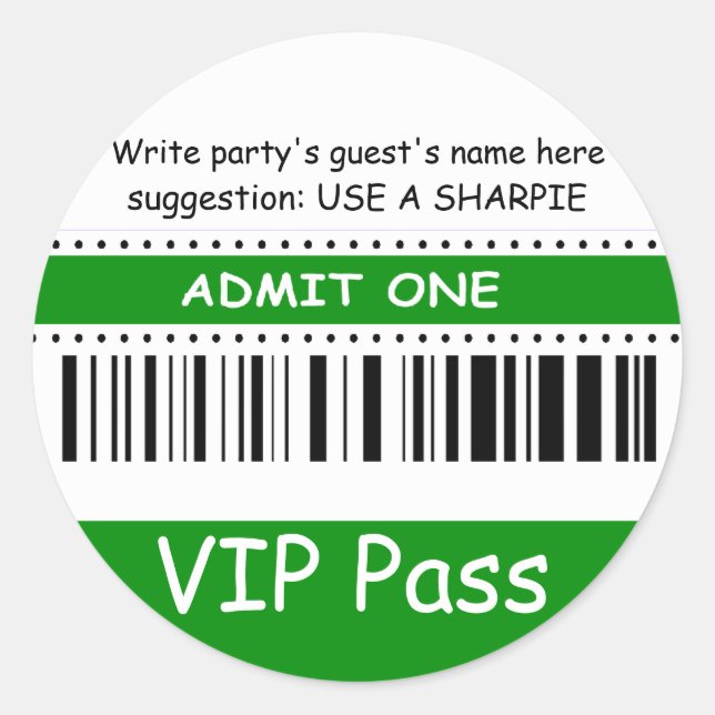 Fun Kids VIP Pass Admit One Birthday Party (green) Classic Round Sticker (Front)