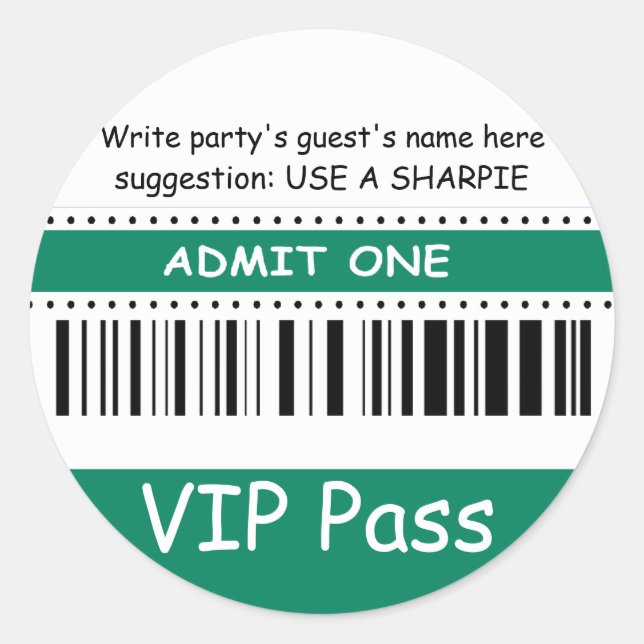 Fun Kids VIP Pass Admit One Birthday Party (jade) Classic Round Sticker (Front)
