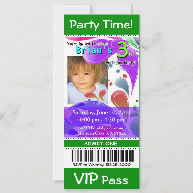 Fun Kids VIP Pass Event Ticket Photo Party (green) Invitation (Front)