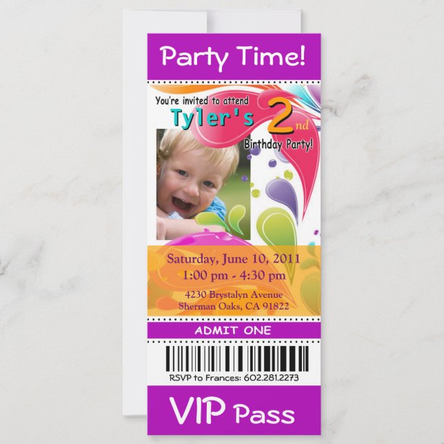 Fun Kids VIP Pass Event Ticket Photo Party purple Invitation (Front)