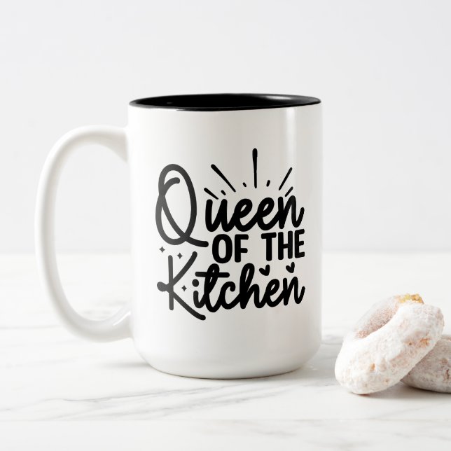 Fun kitchen Queen word art  Two-Tone Coffee Mug (With Donut)