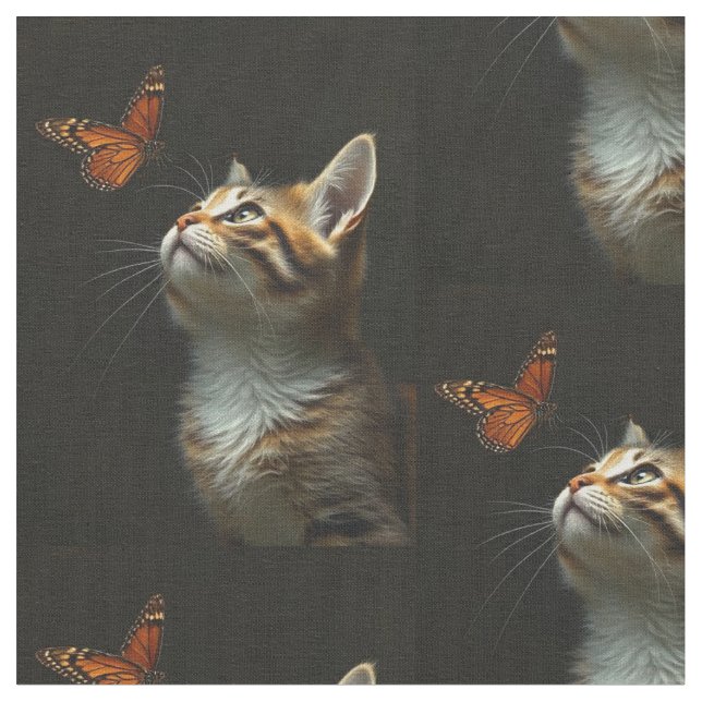 Fun Kitten Butterfly Black Background Fabric (Close Up)