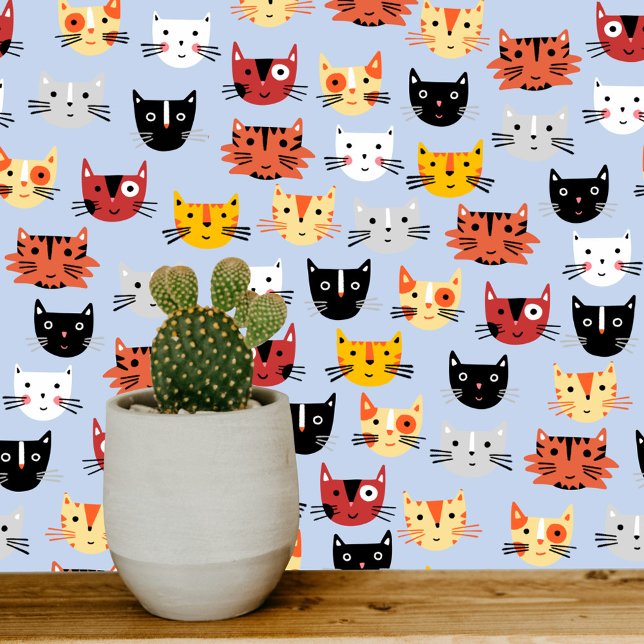 Fun Kitty Cat Blue Pattern Wallpaper (Fun cat faces  art wallpaper for animal lovers)